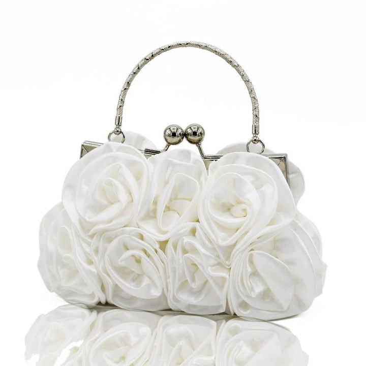 Silk Satin Ivory Clutch Purse Trendy New 3D Floral Roses Flower Cloth Bag