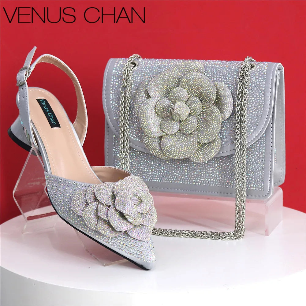 Peach Color Elegant Lady Shoes And Bag Set with Rhinestone Heel