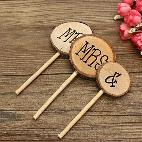 3 Pcs Mr & Mrs Toppers Natural Wood Cake Decoration Chic Rustic Wedding