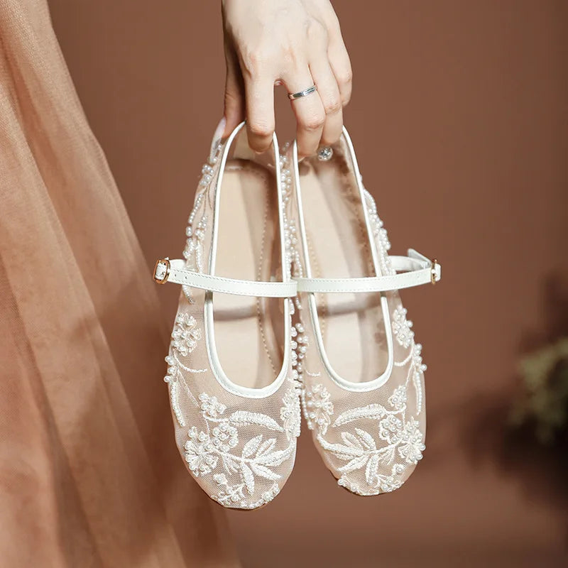 2026 Women's Nude Mesh Lace Embroidery Flower Mary Jane Flats Shoes