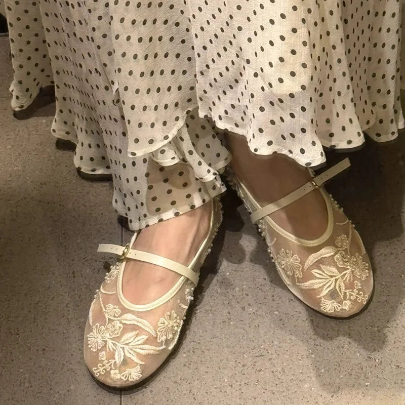 2026 Women's Nude Mesh Lace Embroidery Flower Mary Jane Flats Shoes