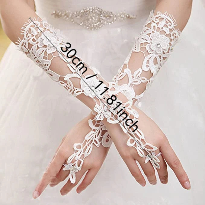 Lace Crystal Women’s Wedding Gloves Fingerless Elbow Bridal Lace