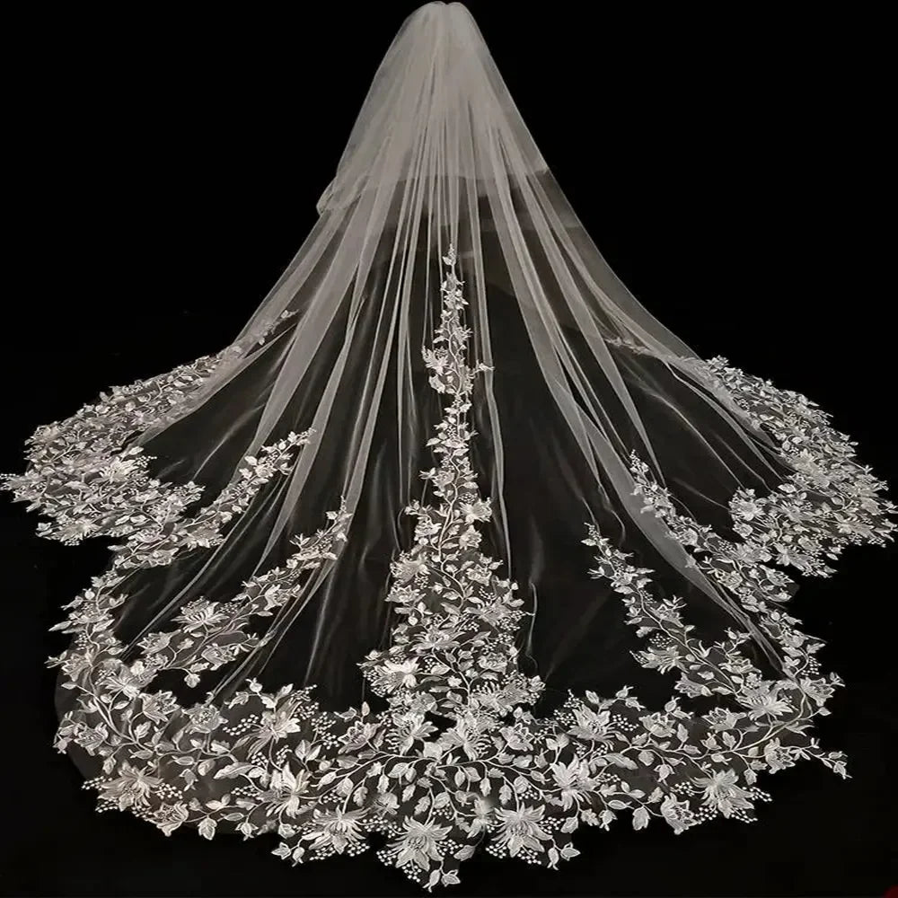 Customized Elegant Floral Lace Cathedral Wedding Veil Two Tier Ivory Bridal Veil