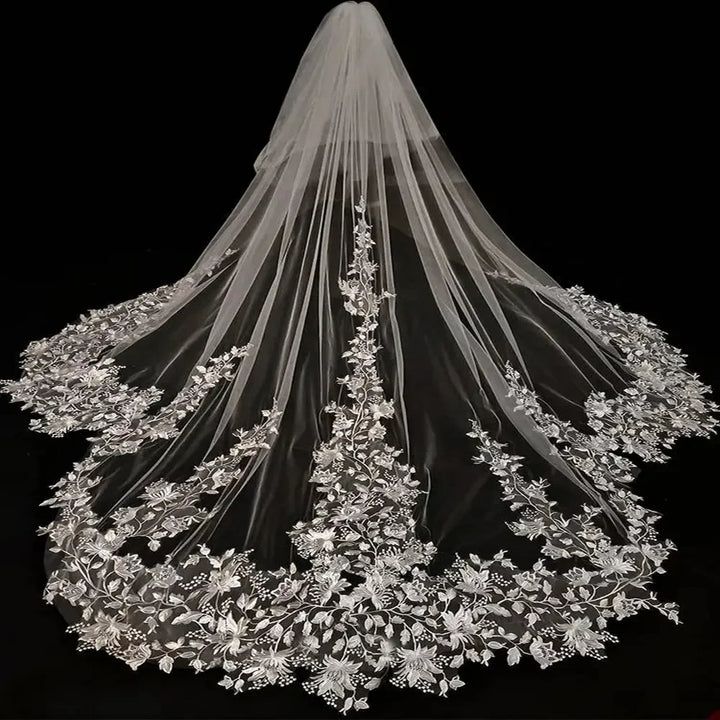 Customized Elegant Floral Lace Cathedral Wedding Veil Two Tier Ivory Bridal Veil