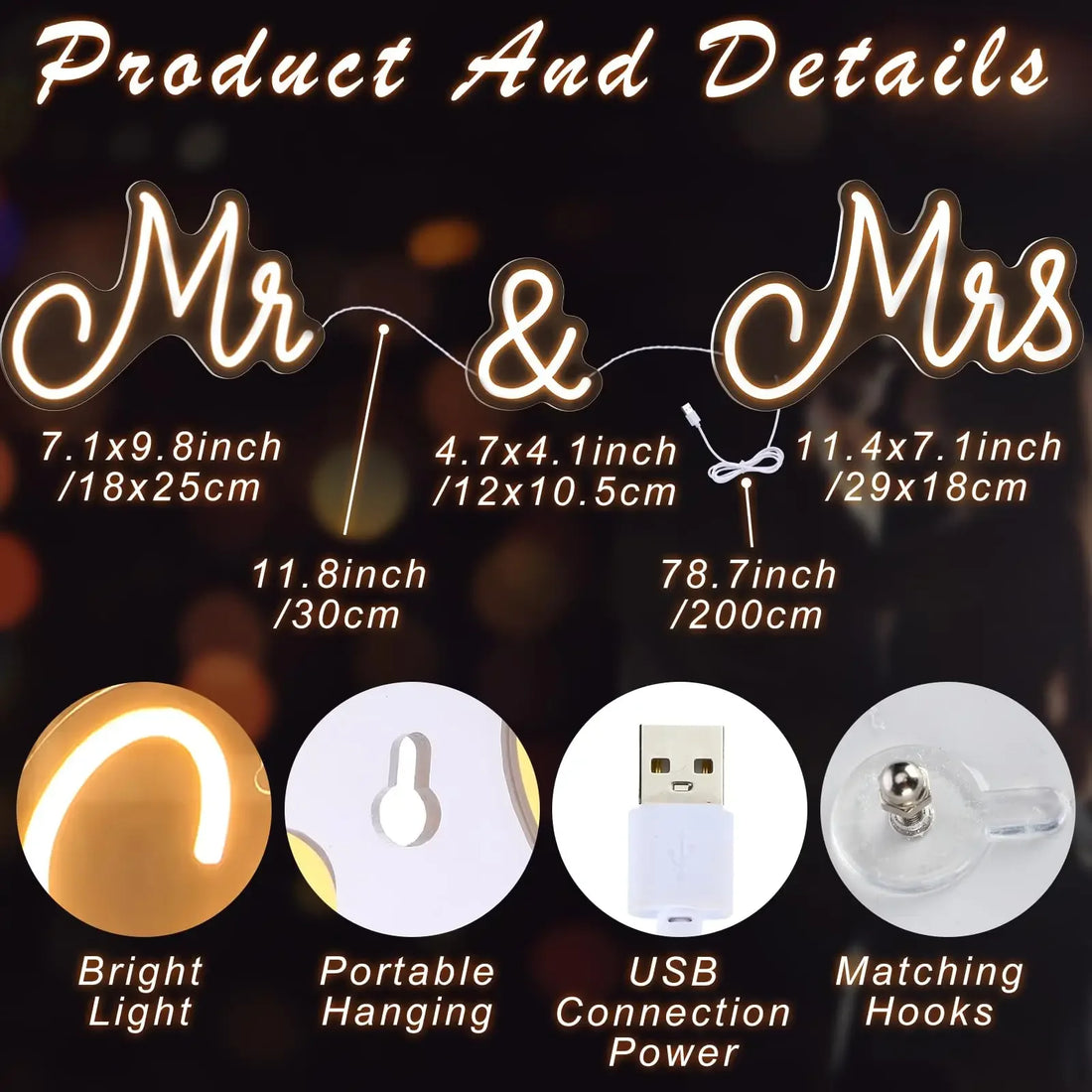 Mr Mrs Neon Sign LED Light with Dimmable Switch Wedding Sign