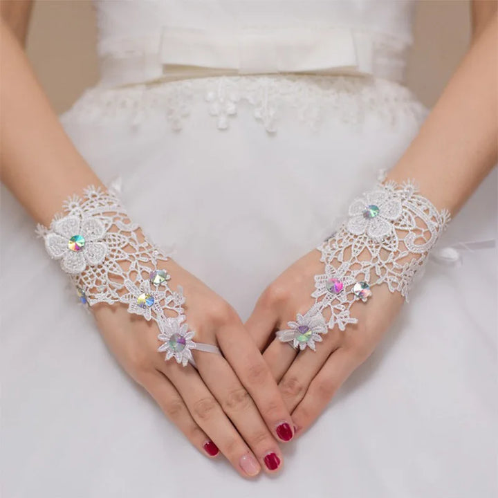 Bride Wedding Rhinestone Lace Gloves Bridal Flower Gloves Bridal Short