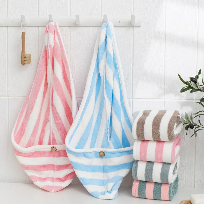 Microfiber Coral Fleece Striped Hair Towel Cap for Women Quick-Dry Hair Wrap