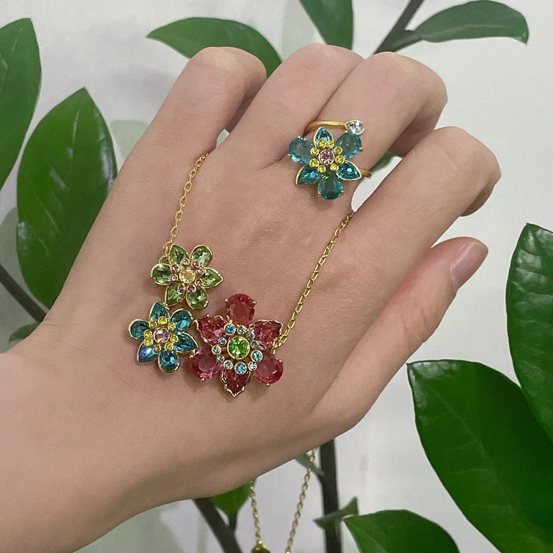 Trend Fine Jewelry Sets Charm Pink Blue Flower Crystal Fashion Luxury Necklace