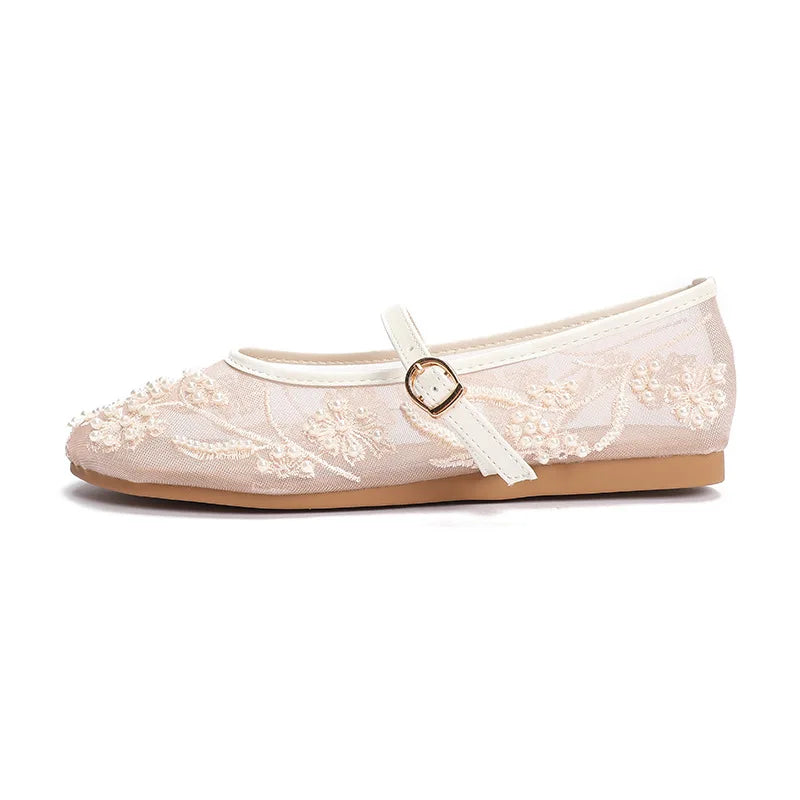 2026 Women's Nude Mesh Lace Embroidery Flower Mary Jane Flats Shoes