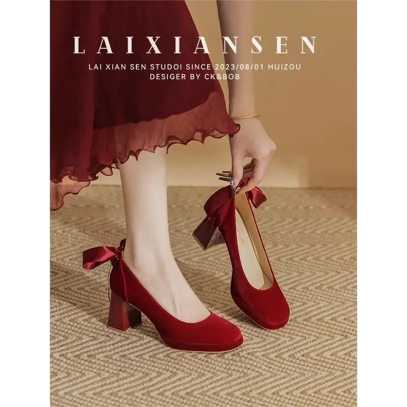 Red Bow Pearl Mary Jane Platform Waterproof Lolita Heels for Women